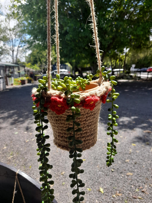 Red hanging jute pot